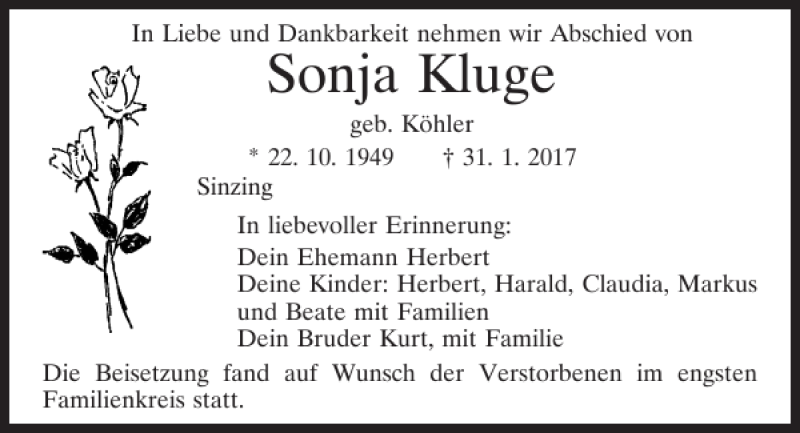  Traueranzeige für Sonja Kluge vom 11.02.2017 aus Mittelbayerische Zeitung Regensburg