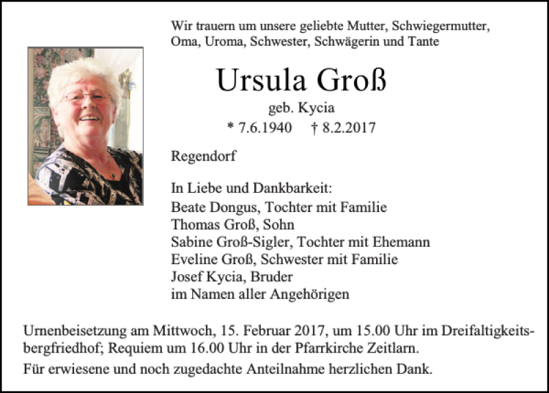  Traueranzeige für Ursula Groß vom 11.02.2017 aus Mittelbayerische Zeitung Regensburg