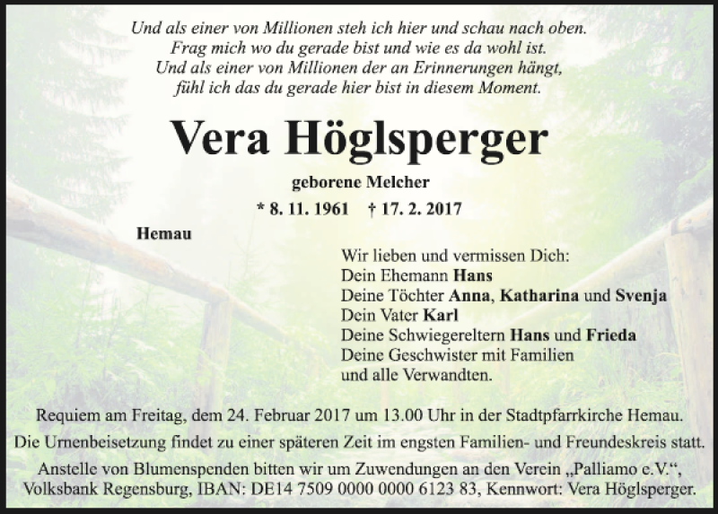  Traueranzeige für Vera Höglsperger vom 21.02.2017 aus Mittelbayerische Zeitung Regensburg