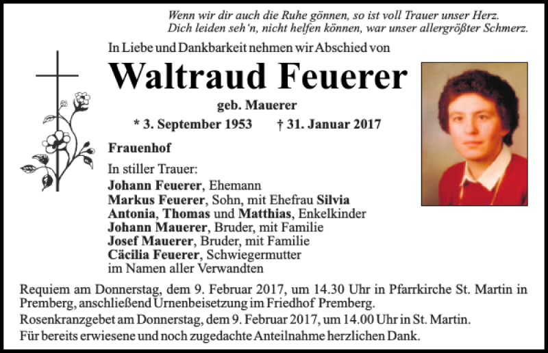  Traueranzeige für Waltraud Feuerer vom 07.02.2017 aus Mittelbayerische Zeitung Schwandorf