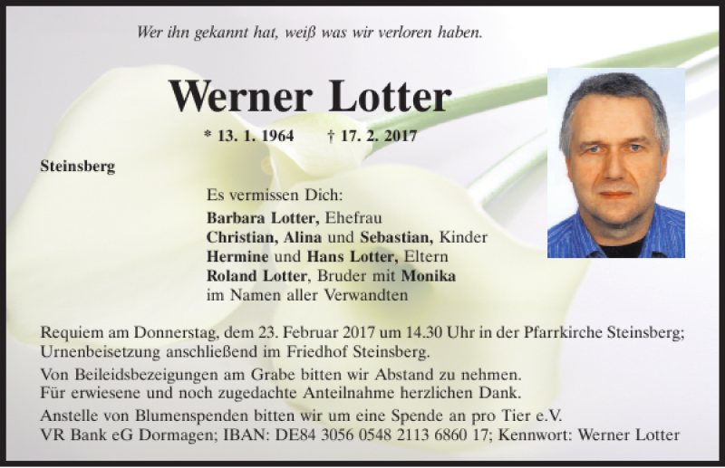  Traueranzeige für Werner Lotter vom 18.02.2017 aus Mittelbayerische Zeitung Regensburg