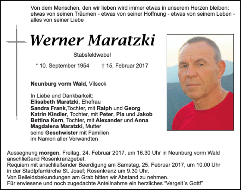  Traueranzeige für Werner Maratzki vom 23.02.2017 aus Mittelbayerische Zeitung Schwandorf