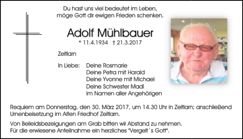  Traueranzeige für Adolf Mühlbauer vom 25.03.2017 aus Mittelbayerische Zeitung Regensburg