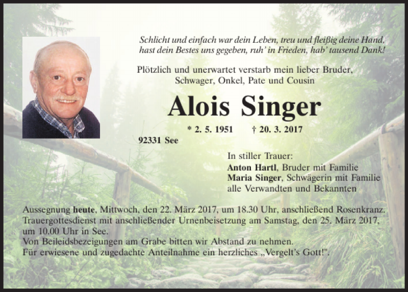  Traueranzeige für Alois Singer vom 22.03.2017 aus Neumarkter Tagblatt