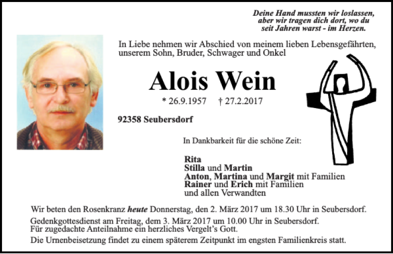  Traueranzeige für Alois Wein vom 02.03.2017 aus Neumarkter Tagblatt