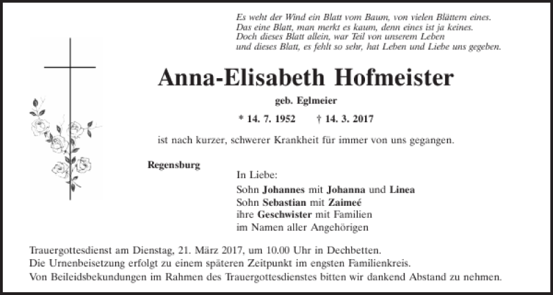  Traueranzeige für Anna-Elisabeth Hofmeister vom 18.03.2017 aus Mittelbayerische Zeitung Regensburg