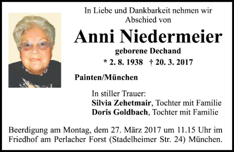  Traueranzeige für Anni Niedermeier vom 23.03.2017 aus Mittelbayerische Zeitung Kelheim