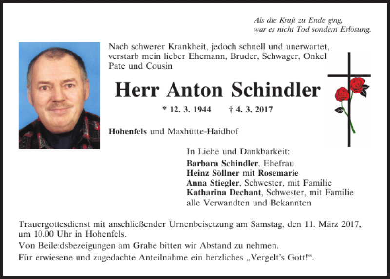  Traueranzeige für Anton Schindler vom 09.03.2017 aus Neumarkter Tagblatt