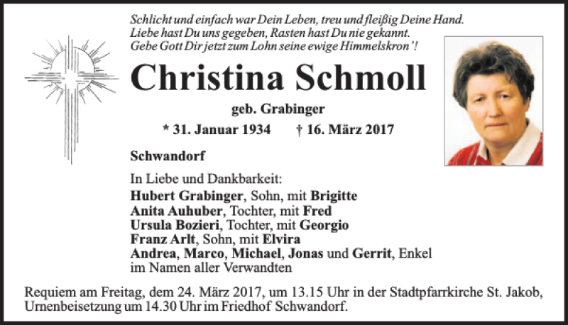  Traueranzeige für Christina Schmoll vom 18.03.2017 aus Mittelbayerische Zeitung Schwandorf