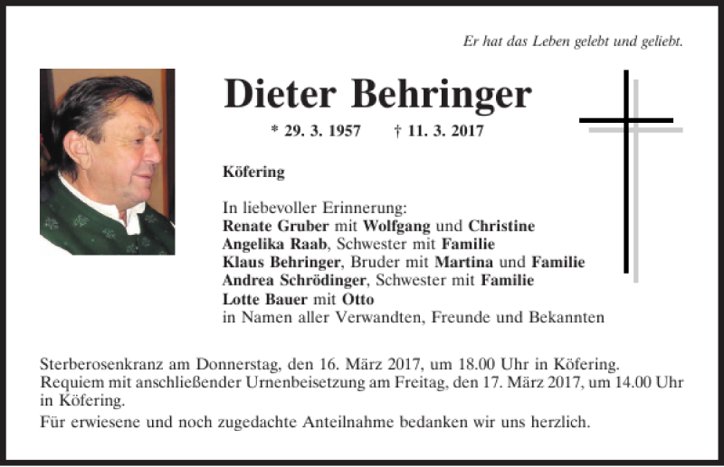  Traueranzeige für Dieter Behringer vom 15.03.2017 aus Mittelbayerische Zeitung Regensburg