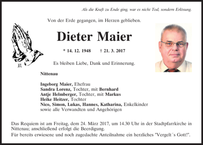  Traueranzeige für Dieter Maier vom 23.03.2017 aus Mittelbayerische Zeitung Regensburg