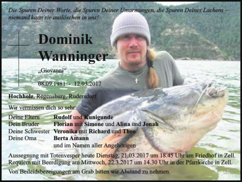  Traueranzeige für Dominik Wanninger vom 21.03.2017 aus Bayerwald Echo