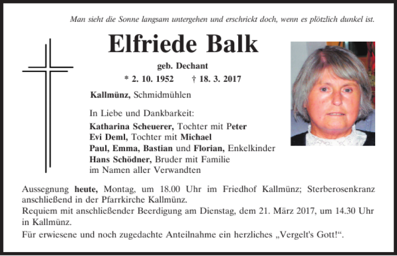  Traueranzeige für Elfriede Balk vom 20.03.2017 aus Mittelbayerische Zeitung Regensburg