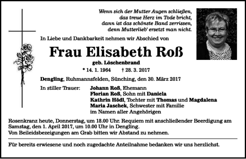  Traueranzeige für Elisabeth Roß vom 30.03.2017 aus Mittelbayerische Zeitung Regensburg