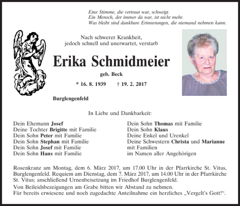  Traueranzeige für Erika Schmidmeier vom 03.03.2017 aus Mittelbayerische Zeitung Schwandorf