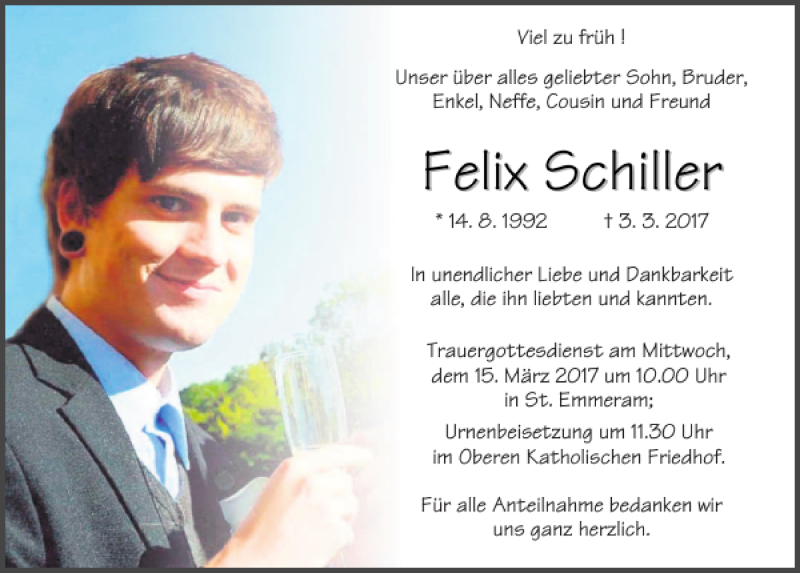  Traueranzeige für Felix Schiller vom 11.03.2017 aus Mittelbayerische Zeitung Regensburg