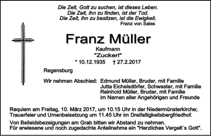  Traueranzeige für Franz Müller vom 08.03.2017 aus Mittelbayerische Zeitung Regensburg