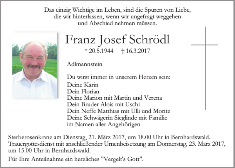  Traueranzeige für Franz Josef Schrödl vom 20.03.2017 aus Mittelbayerische Zeitung Regensburg