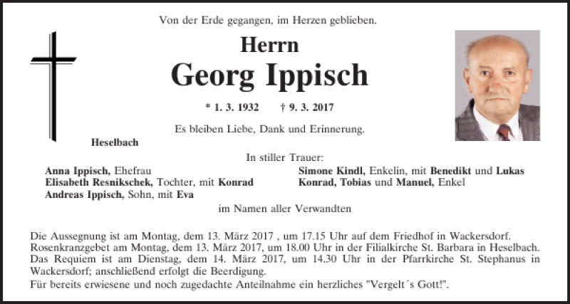  Traueranzeige für Georg Ippisch vom 11.03.2017 aus Mittelbayerische Zeitung Schwandorf