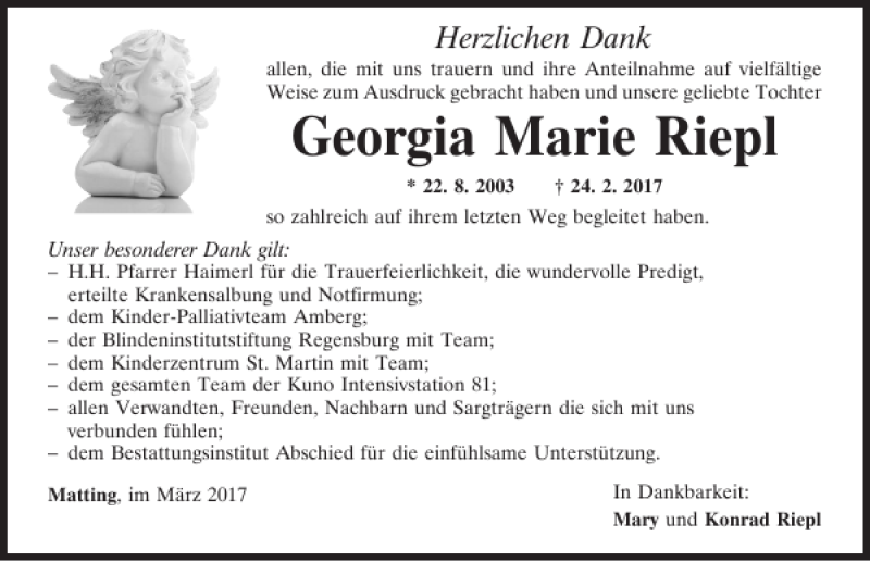  Traueranzeige für Georgia Marie Riepl vom 11.03.2017 aus Mittelbayerische Zeitung Regensburg