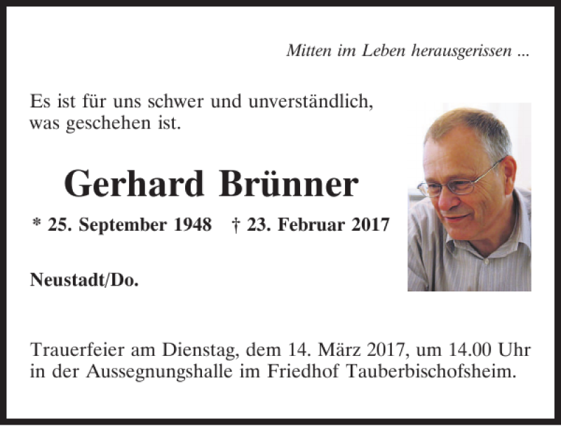  Traueranzeige für Gerhard Brünner vom 10.03.2017 aus Mittelbayerische Zeitung Kelheim