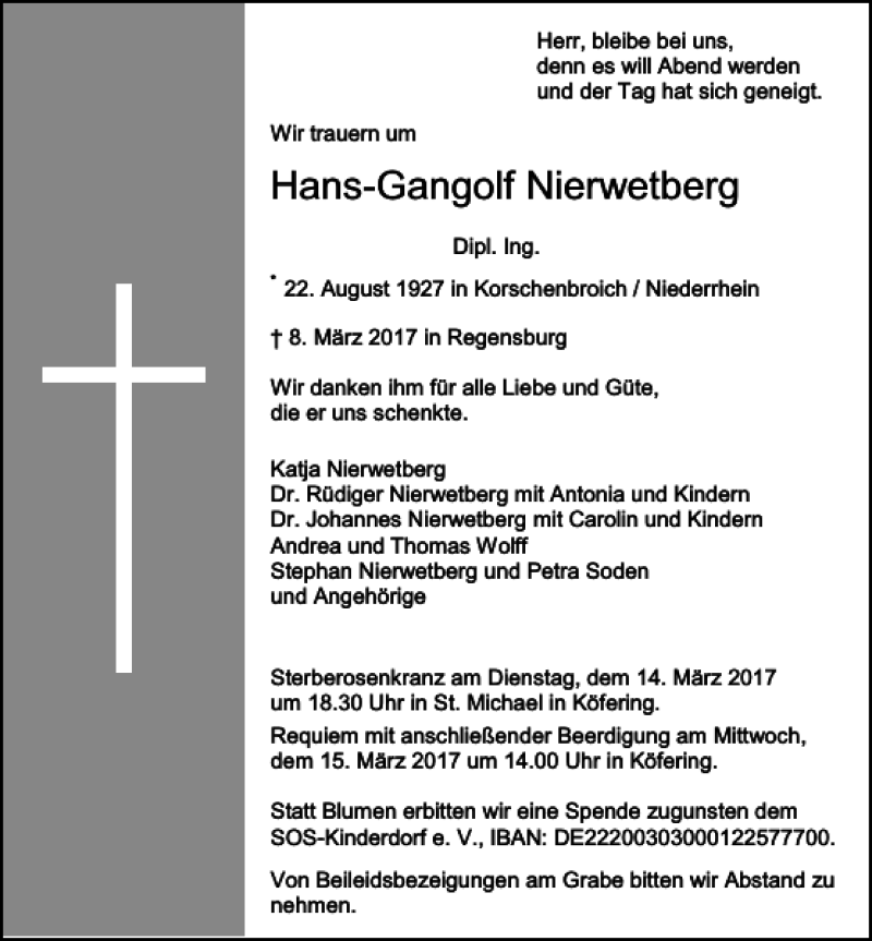  Traueranzeige für Hans-Gangolf Nierwetberg vom 11.03.2017 aus Mittelbayerische Zeitung Regensburg