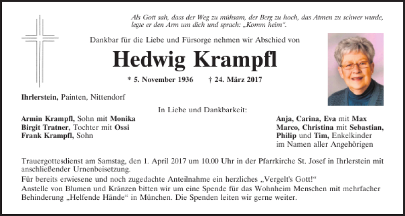  Traueranzeige für Hedwig Krampfl vom 30.03.2017 aus Mittelbayerische Zeitung Kelheim