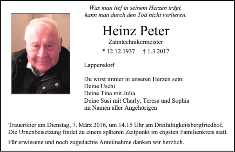  Traueranzeige für Heinz Peter vom 04.03.2017 aus Mittelbayerische Zeitung Regensburg