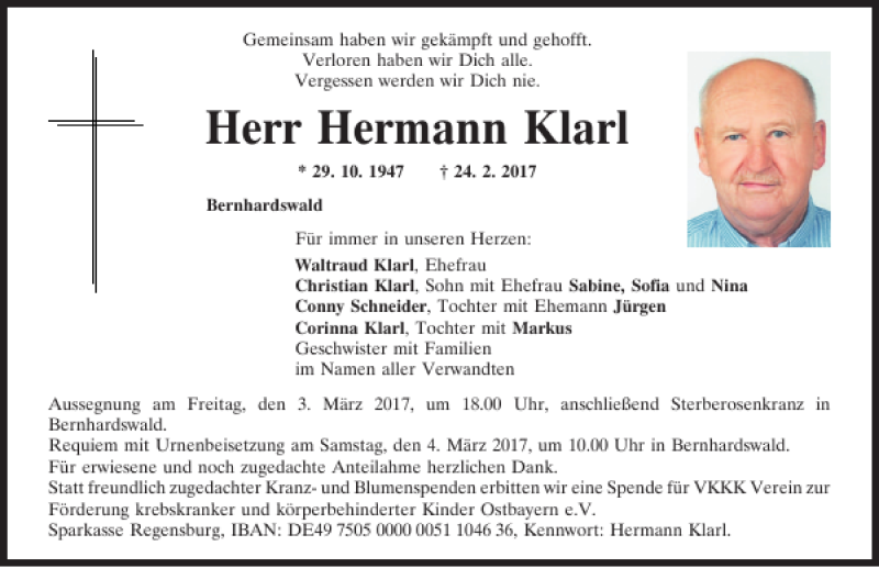  Traueranzeige für Hermann Klarl vom 01.03.2017 aus Mittelbayerische Zeitung Regensburg