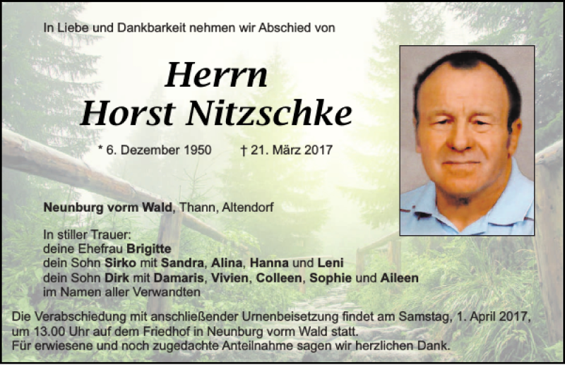  Traueranzeige für Horst Nitzschke vom 29.03.2017 aus Mittelbayerische Zeitung Schwandorf