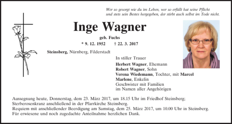  Traueranzeige für Inge Wagner vom 23.03.2017 aus Mittelbayerische Zeitung Regensburg