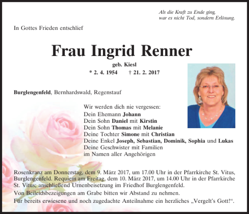  Traueranzeige für Ingrid Renner vom 08.03.2017 aus Mittelbayerische Zeitung Regensburg