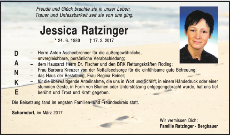  Traueranzeige für Jessica Ratzinger vom 11.03.2017 aus Bayerwald Echo