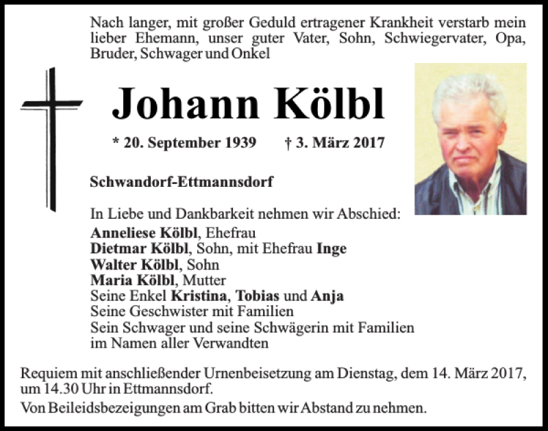  Traueranzeige für Johann Kölbl vom 11.03.2017 aus Mittelbayerische Zeitung Schwandorf