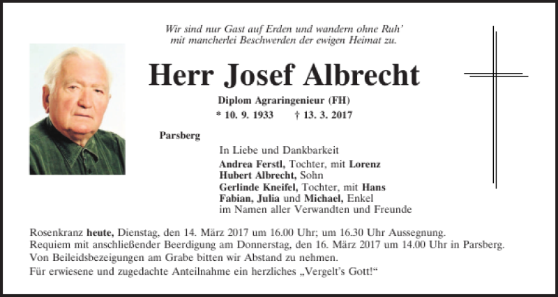  Traueranzeige für Josef Albrecht vom 14.03.2017 aus Neumarkter Tagblatt