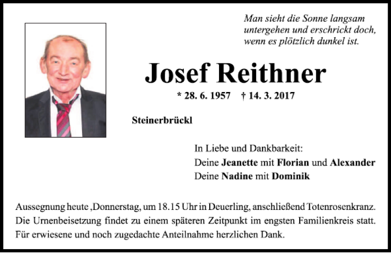  Traueranzeige für Josef Reithner vom 16.03.2017 aus Mittelbayerische Zeitung Regensburg