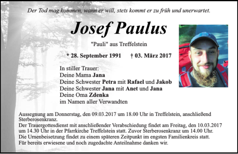  Traueranzeige für Josef Paulus Treffelstein vom 07.03.2017 aus Bayerwald Echo