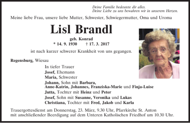  Traueranzeige für Lisl Brandl vom 18.03.2017 aus Mittelbayerische Zeitung Kelheim