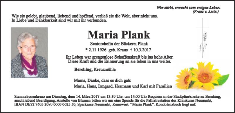  Traueranzeige für Maria Plank vom 13.03.2017 aus Neumarkter Tagblatt