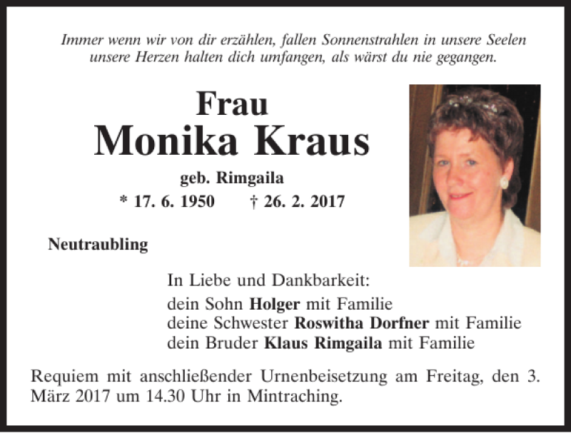  Traueranzeige für Monika Kraus vom 01.03.2017 aus Mittelbayerische Zeitung Regensburg