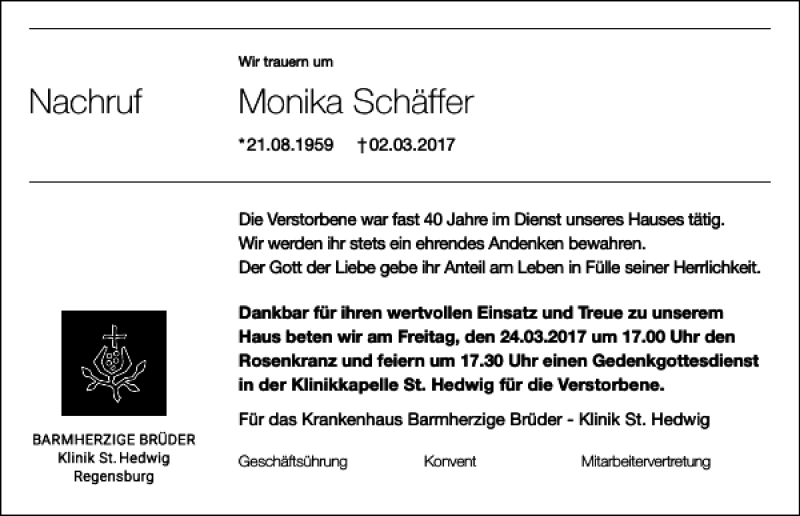  Traueranzeige für Monika Schäffer vom 08.03.2017 aus Mittelbayerische Zeitung Gesamtausgabe