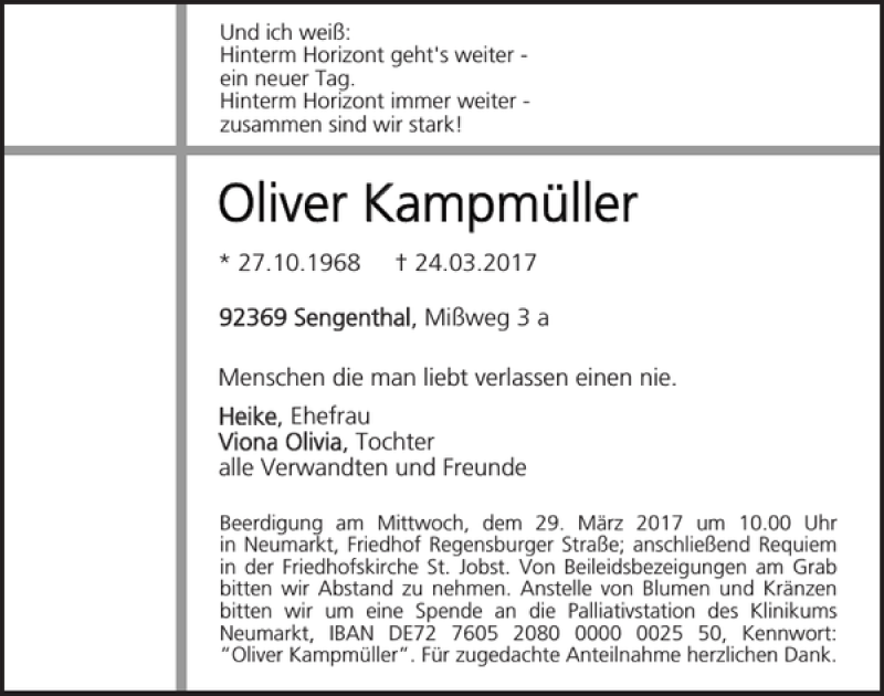  Traueranzeige für Oliver Kampmüller vom 27.03.2017 aus Neumarkter Tagblatt