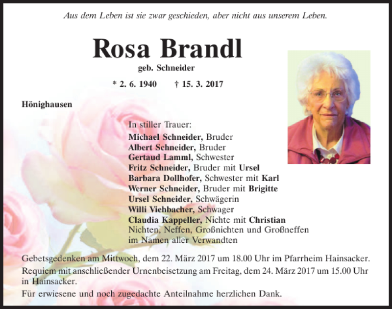  Traueranzeige für Rosa Brandl vom 22.03.2017 aus Mittelbayerische Zeitung Regensburg