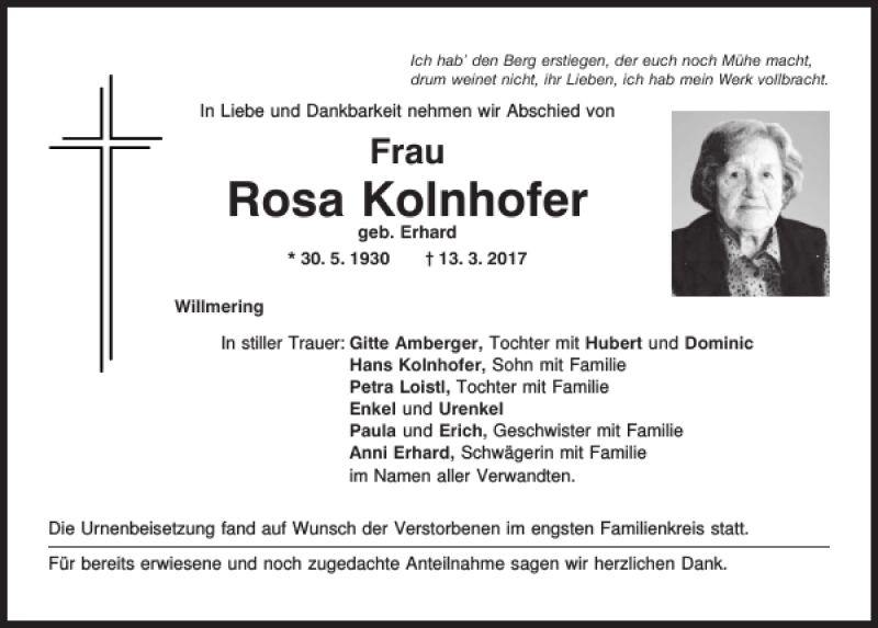  Traueranzeige für Rosa Kolnhofer vom 24.03.2017 aus Bayerwald Echo