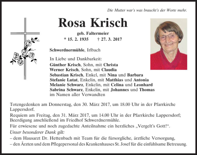  Traueranzeige für Rosa Krisch vom 29.03.2017 aus Mittelbayerische Zeitung Regensburg