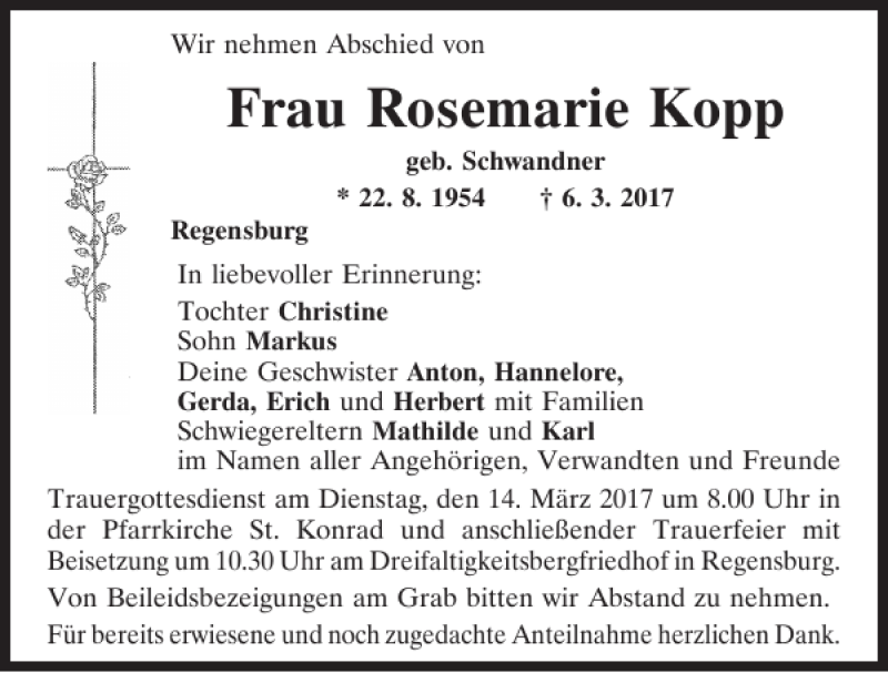  Traueranzeige für Rosemarie Kopp vom 11.03.2017 aus Mittelbayerische Zeitung Regensburg