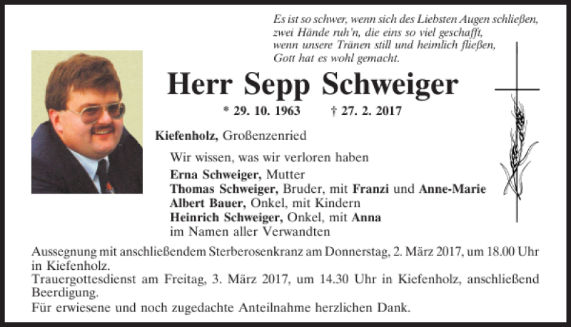  Traueranzeige für Sepp Schweiger vom 01.03.2017 aus Mittelbayerische Zeitung Regensburg