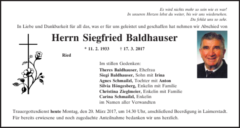  Traueranzeige für Siegfried Baldhauser vom 20.03.2017 aus Mittelbayerische Zeitung Kelheim