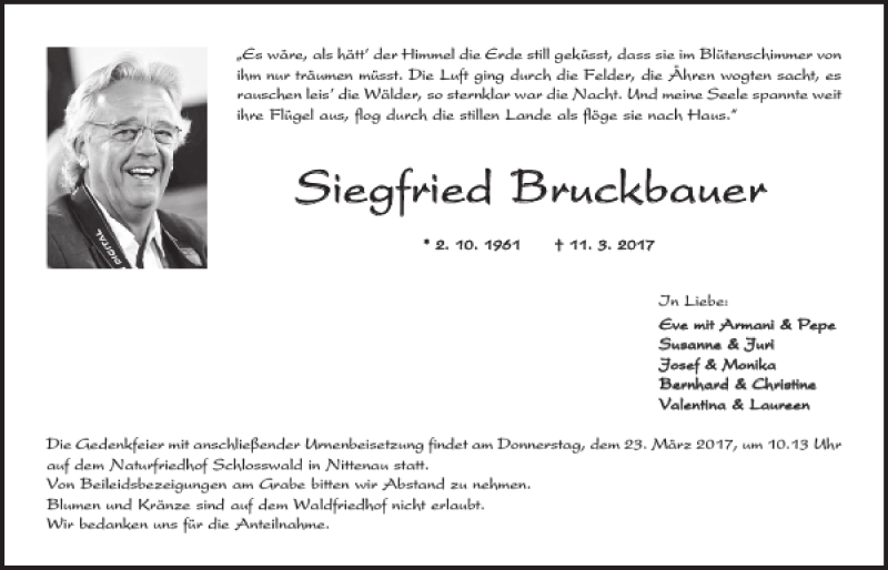  Traueranzeige für Siegfried Bruckbauer vom 18.03.2017 aus Bayerwald Echo