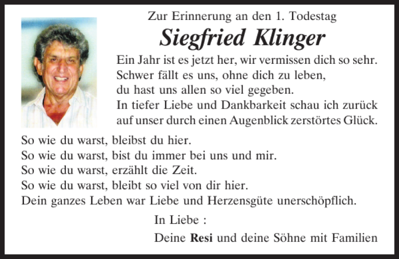  Traueranzeige für Siegfried Klinger vom 13.03.2017 aus Mittelbayerische Zeitung Regensburg